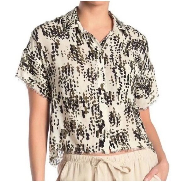 Philosophy S Abstract Jungle Dot Rayon Button Up Shirt Frayed Hem Crop Top - Picture 1 of 8